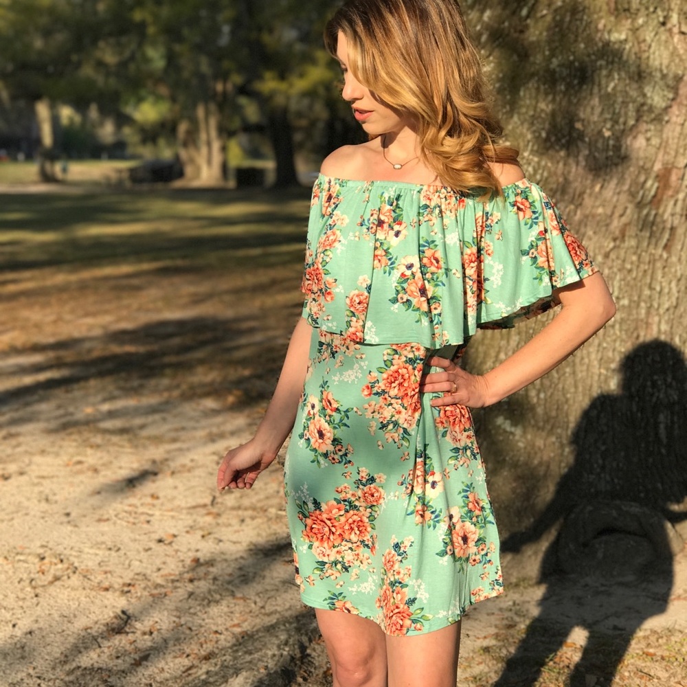Made in the USA Off Should Ruffle Dress in Mint Floral Super Soft Vacay Dress up